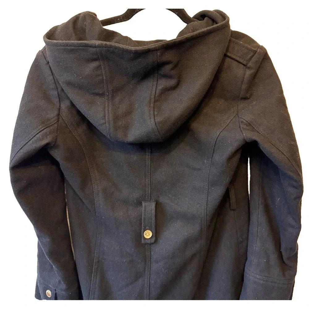 Michael Kors Asymmetrical Zip Hooded Coat Womens 6 Black Wool Blend‎ Gold Tone